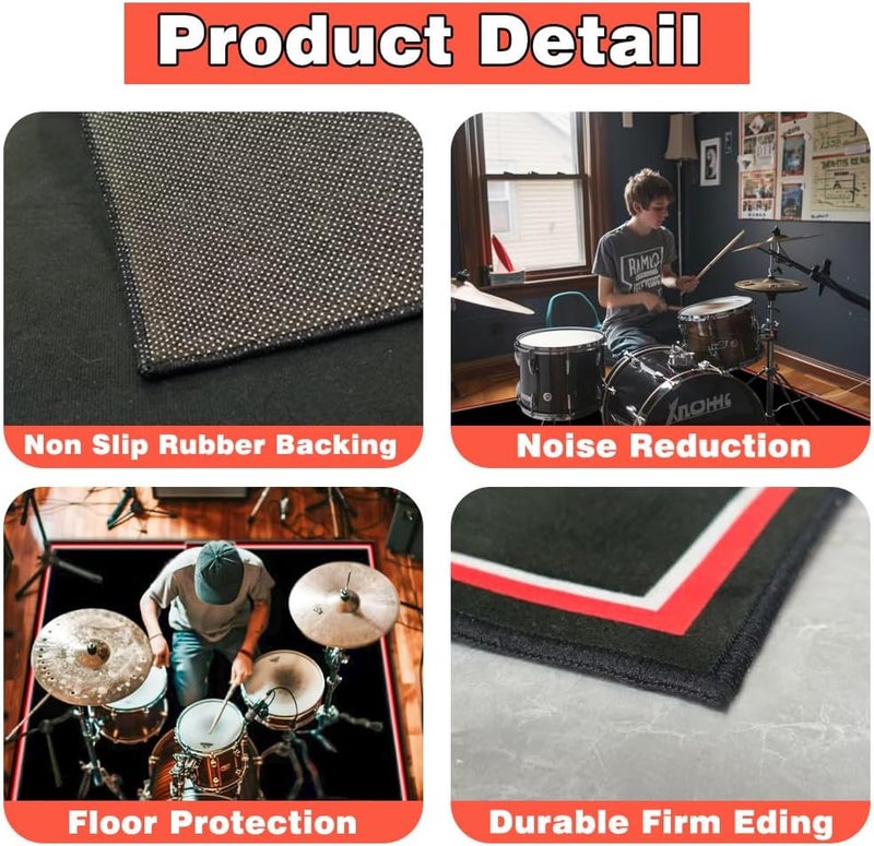 RV MURTS 4x6ft Drum Rug Mat with Non-Slip Grip Bottom, Drum Carpet Noise Reduction, Floor Protection for Electric Drum and Jazz Drum Set Splash Stands, Gift for Drummers, Music Practice Kit, 48x72in, Black - Image 4